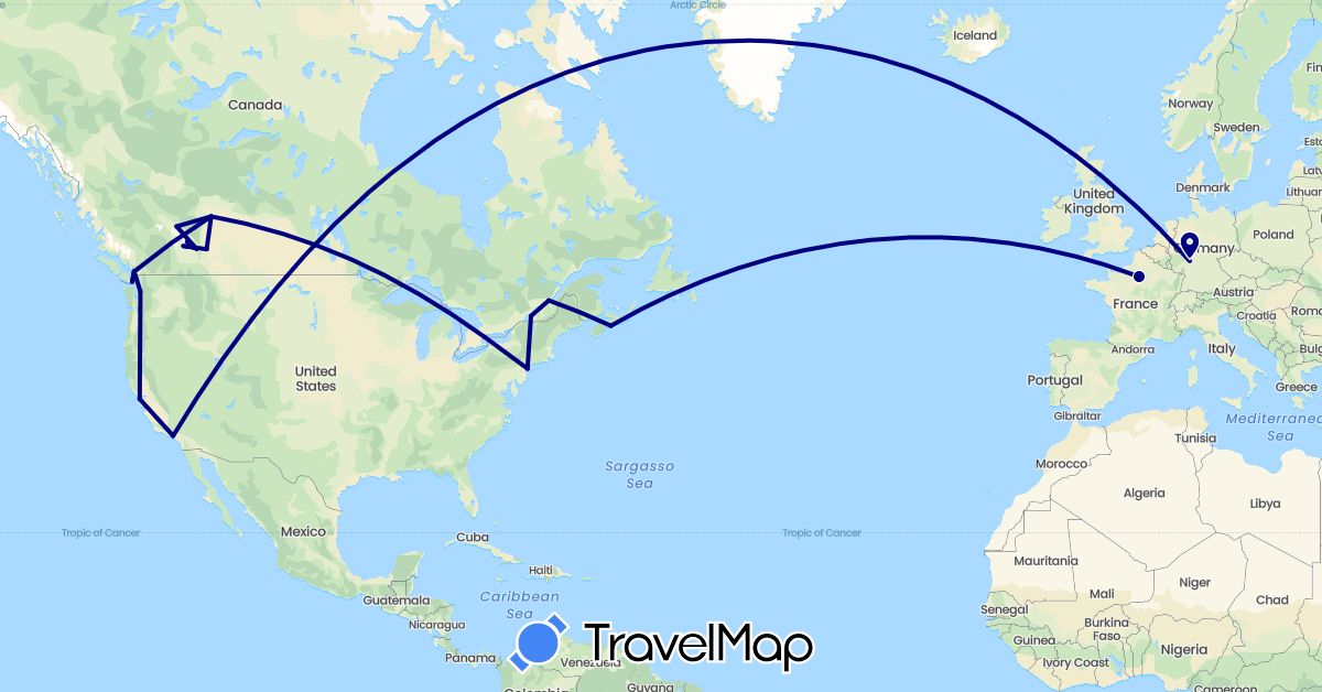 TravelMap itinerary: driving in Canada, Germany, France, United States (Europe, North America)